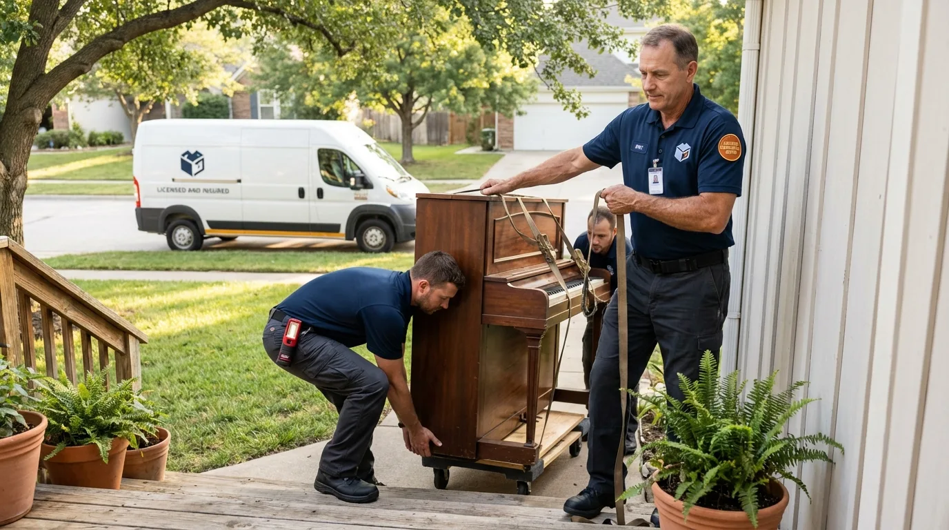 Licensed piano movers securing grand piano in Hillsborough, NC