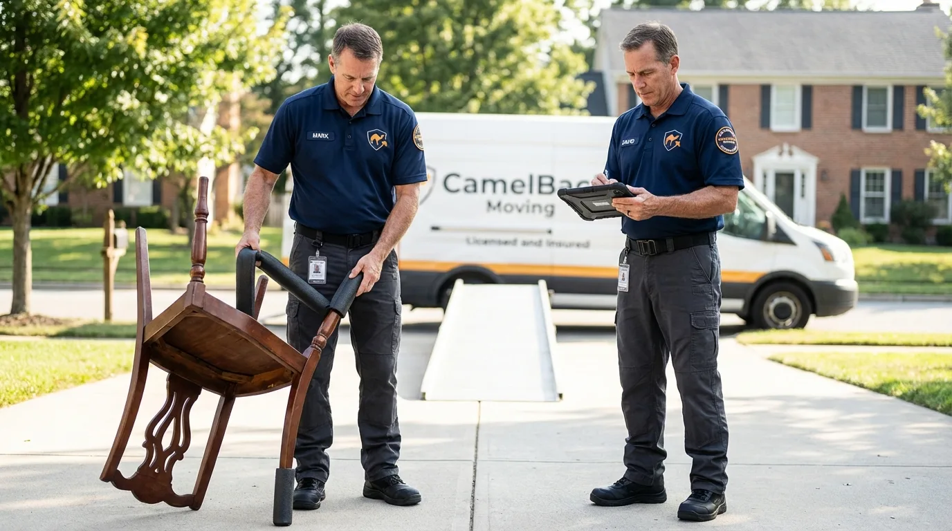 Movers inspecting furniture for damage prevention before loading in Hillsborough, NC