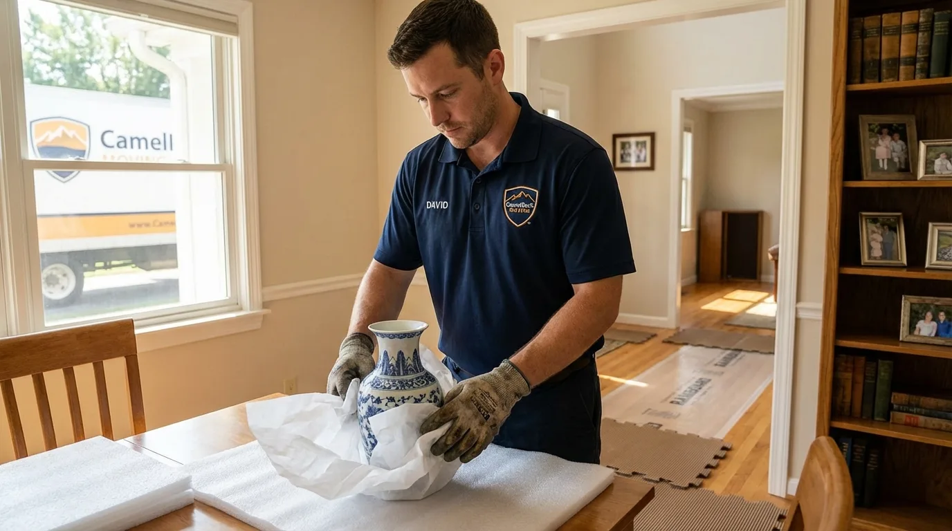 Professional crew carefully wrapping antique vase for senior downsizing move in Hillsborough, NC