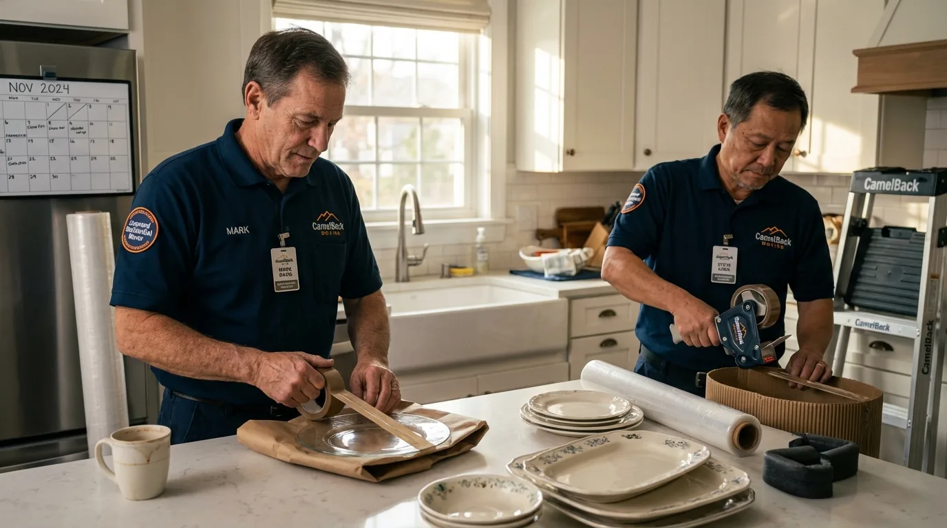 Professional crew packing kitchen dishware in Hillsborough, NC